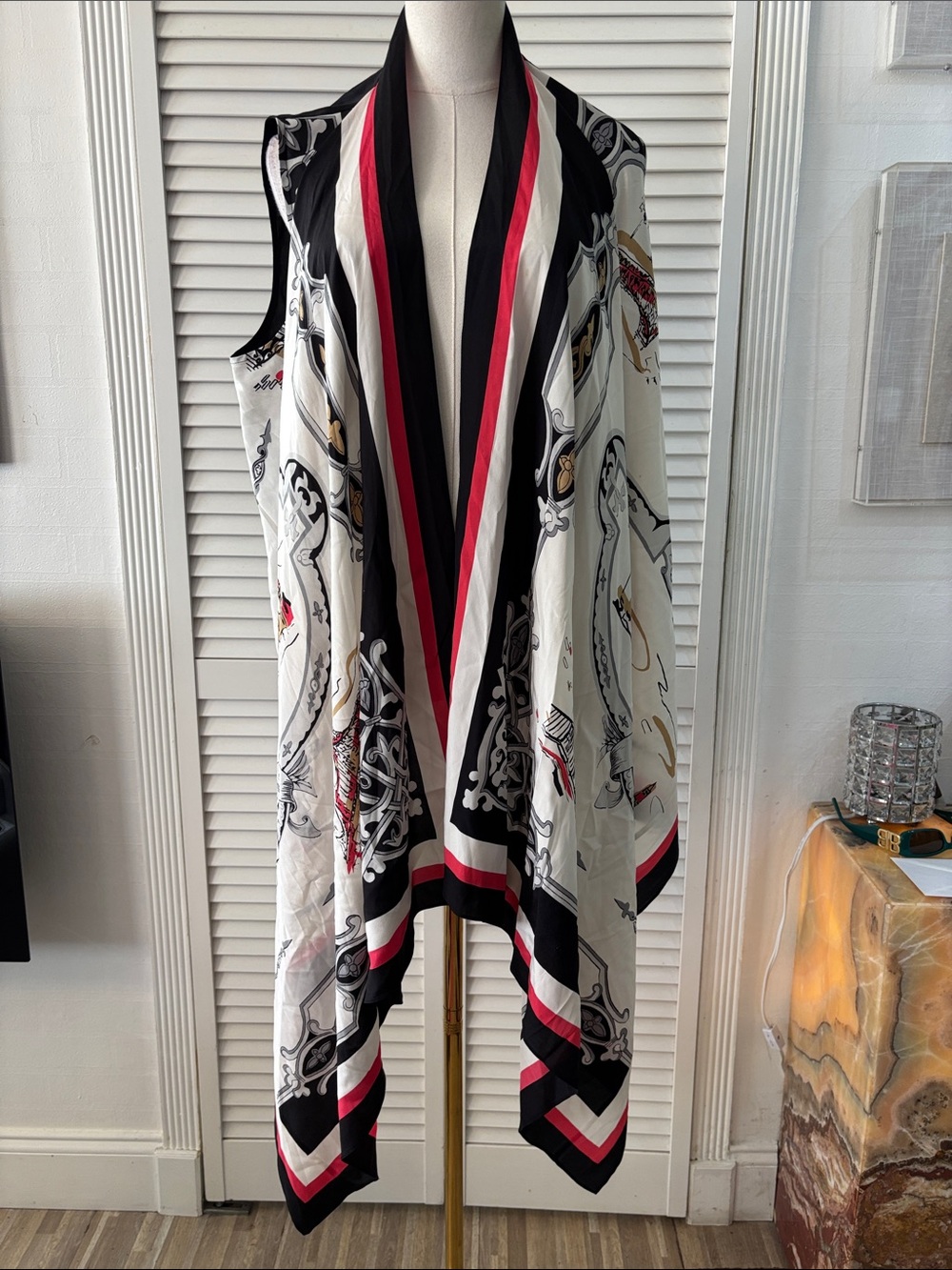 DKNY Black, White & Pink Sleeveless  silk Drape Scarf Vest, M-L
